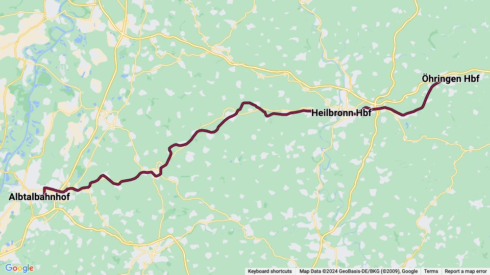 Karlsruhe regionallinje S4: Albtalbahnhof - Öhringen Hbf linjekort