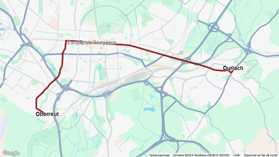 Karlsruhe sporvognslinje 1: Durlach - Oberreut linjekort
