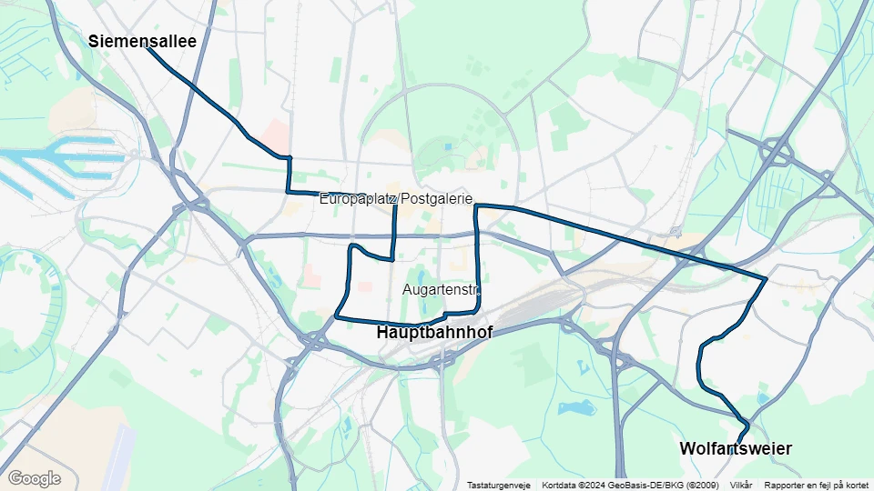 Karlsruhe sporvognslinje 2: Wolfartsweier - Siemensallee linjekort