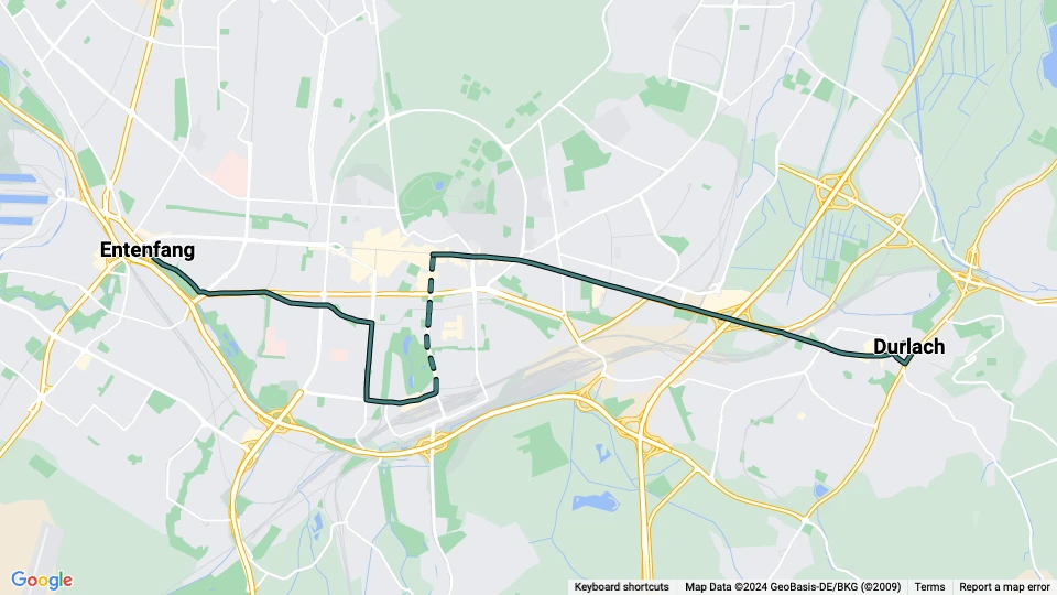 Karlsruhe sporvognslinje 29: Durlach - Entenfang linjekort