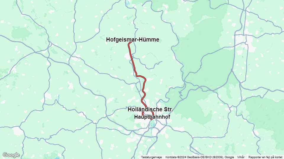 Kassel regionallinje RT1: Holländische Str. - Hofgeismar-Hümme linjekort