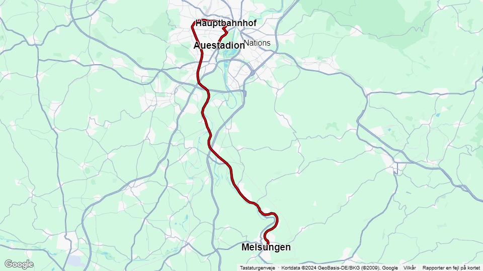 Kassel regionallinje RT5: Melsungen - Auestadion linjekort