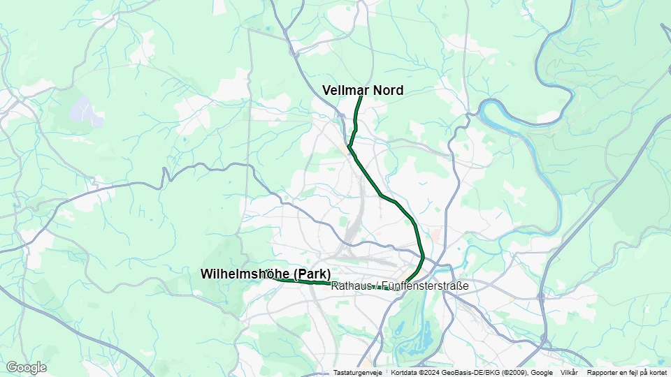 Kassel sporvognslinje 1: Wilhelmshöhe (Park) - Vellmar Nord linjekort