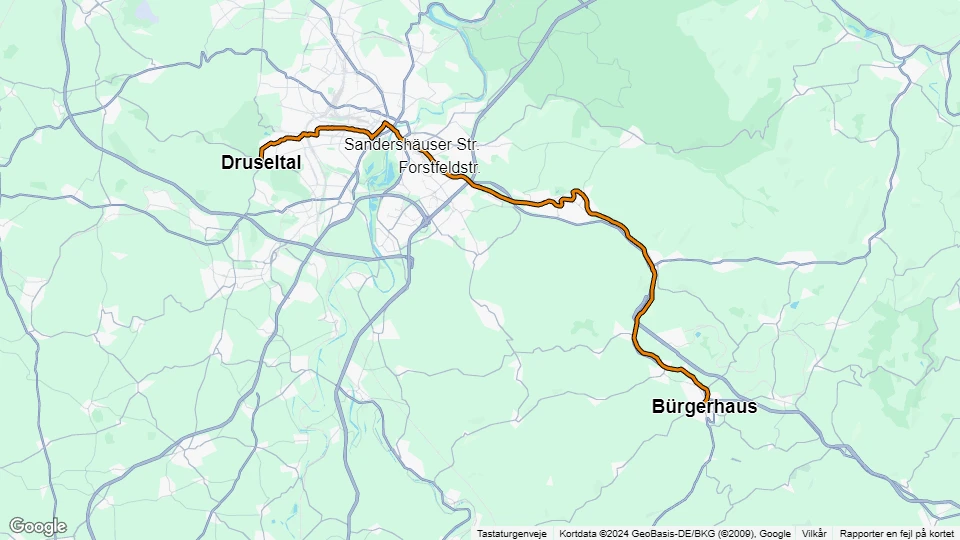 Kassel sporvognslinje 4: Druseltal - Bürgerhaus linjekort