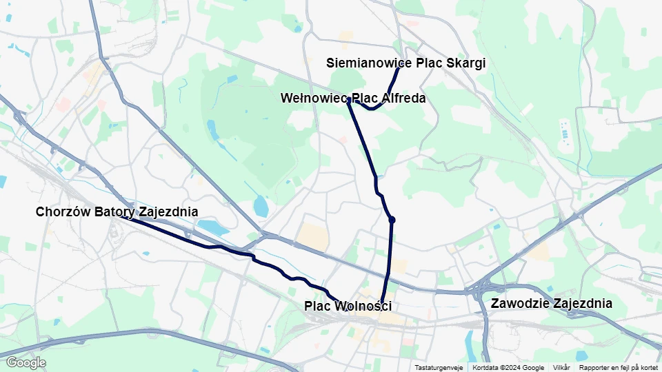 Katowice sporvognslinje T13: Siemianowice Plac Skargi - Chorzów Batory Zajezdnia linjekort