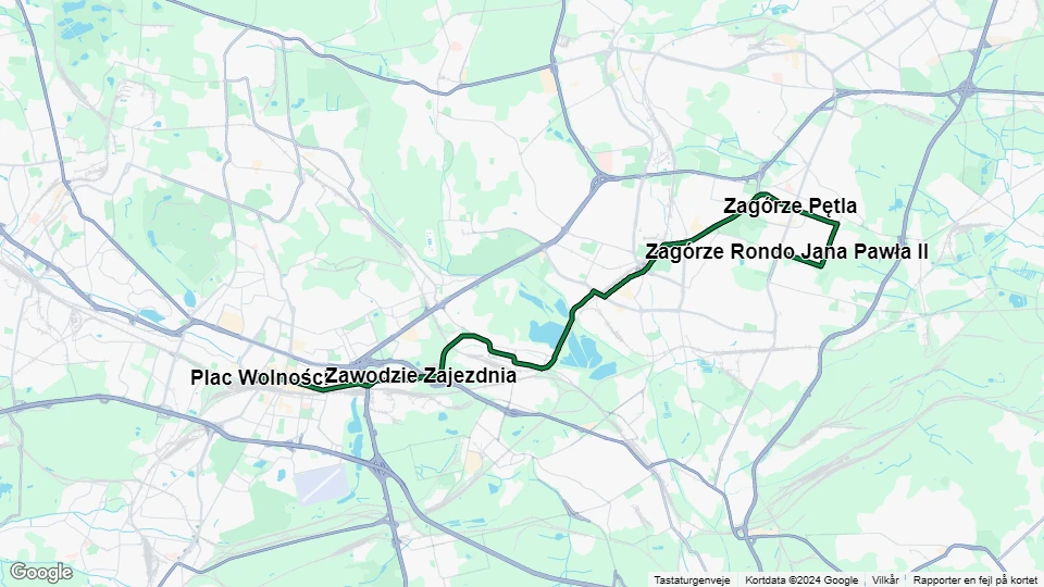 Katowice sporvognslinje T15: Zagórze Rondo Jana Pawła II - Plac Wolności linjekort