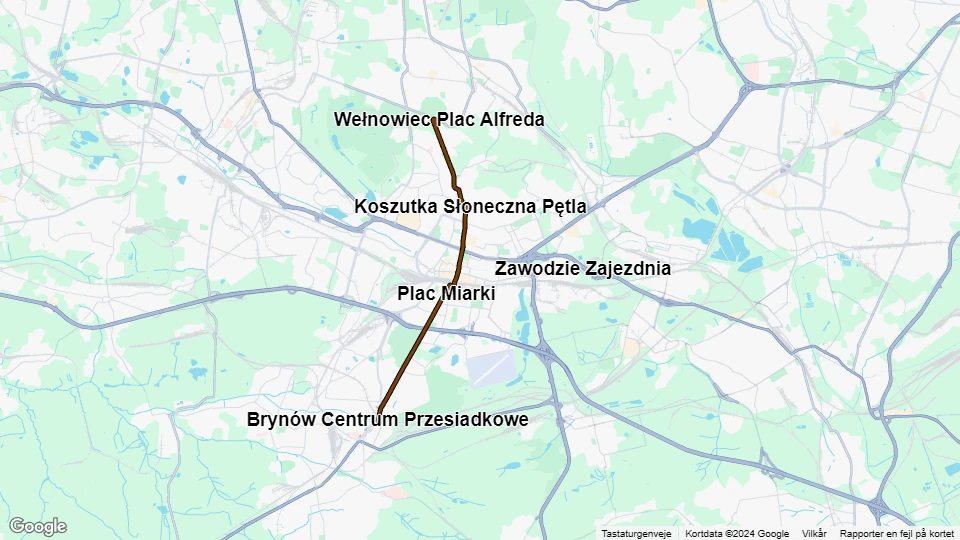 Katowice sporvognslinje T16: Brynów Centrum Przesiadkowe - Wełnowiec Plac Alfreda linjekort