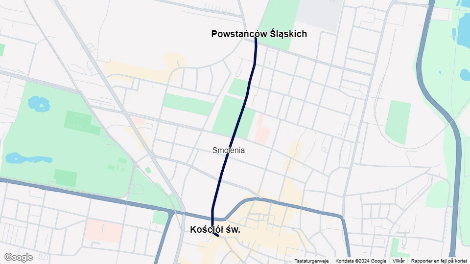 Katowice sporvognslinje T38: Kościół św. - Powstańców Śląskich linjekort