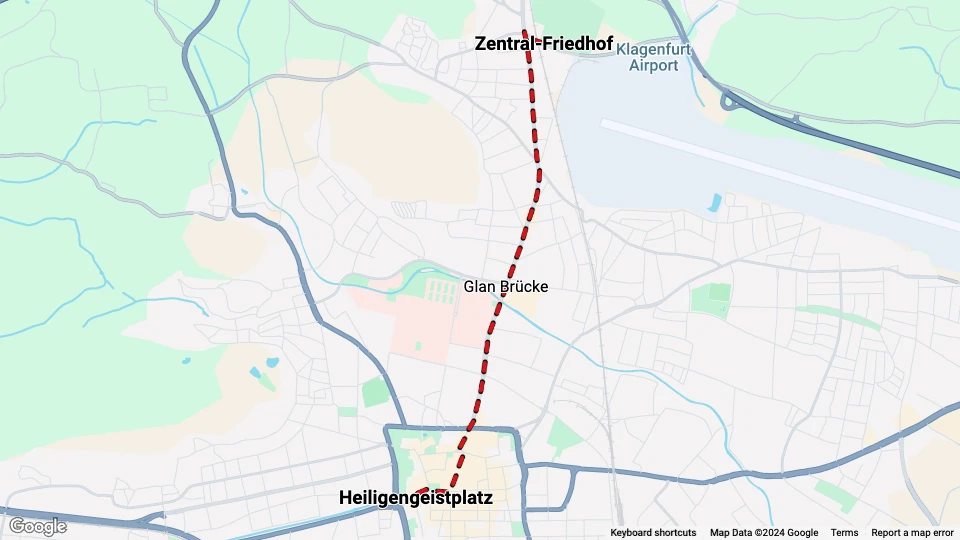 Klagenfurt sporvognslinje A: Heiligengeistplatz - Zentral-Friedhof linjekort