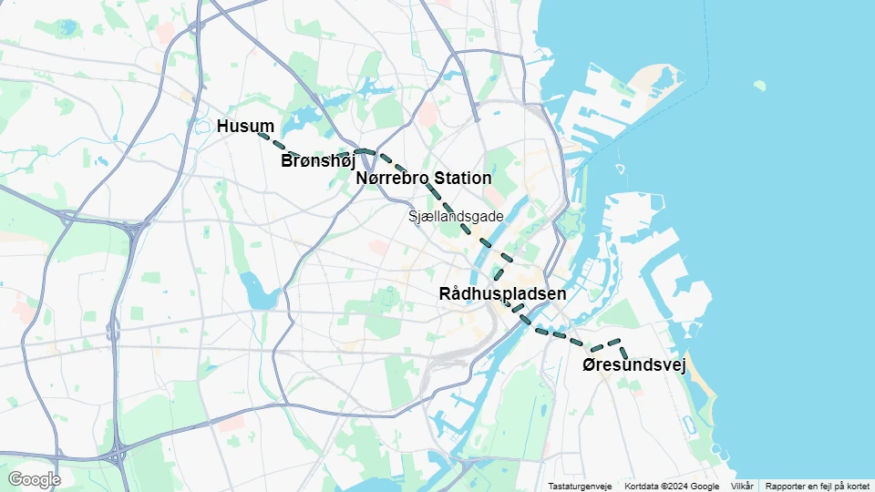 København natlinje E: Husum - Øresundsvej linjekort