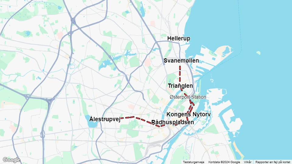 København sporvognslinje 1: Svanemøllen - Ålestrupvej linjekort