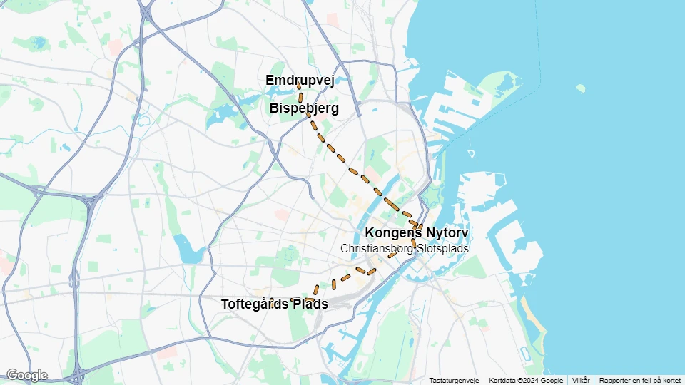København sporvognslinje 10: Emdrupvej - Toftegårds Plads linjekort