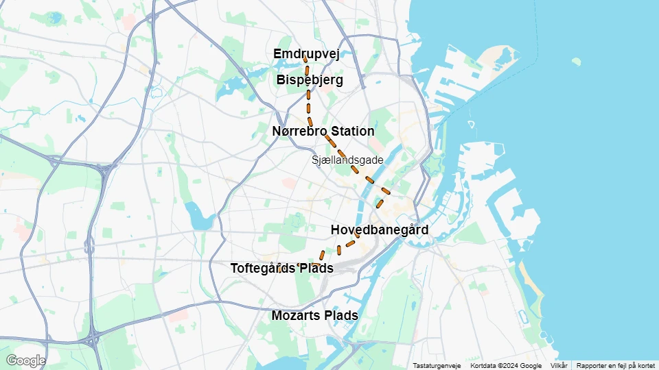 København sporvognslinje 16: Toftegårds Plads - Emdrupvej linjekort