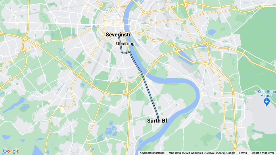 Köln sporvognslinje 17: Sürth Bf - Severinstr. linjekort