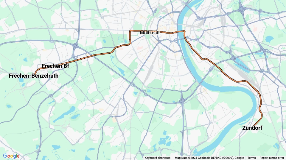 Köln sporvognslinje 7: Frechen-Benzelrath - Zündorf linjekort