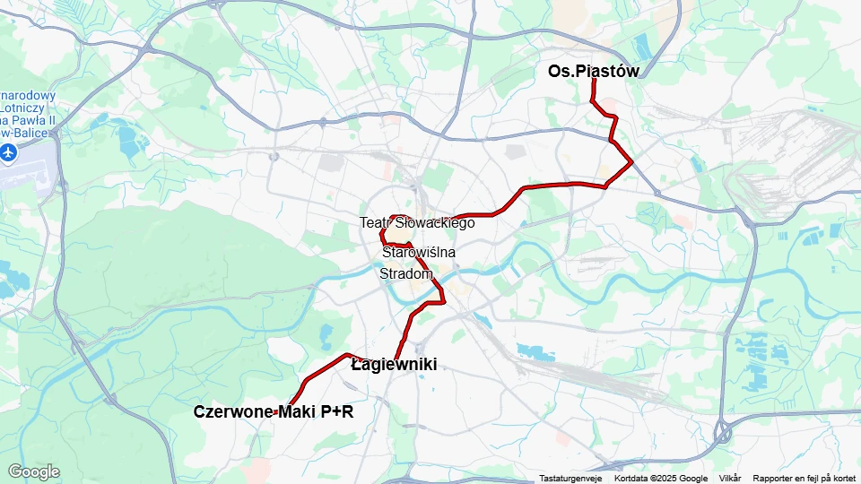 Kraków hurtiglinje 52: Czerwone Maki P+R - Os.Piastów linjekort