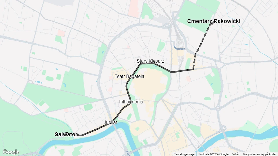 Kraków sporvognslinje 2: Salwator - Cmentarz Rakowicki linjekort