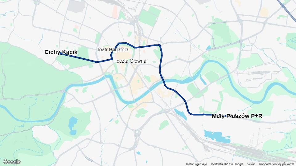 Kraków sporvognslinje 20: Cichy Kącik - Mały Płaszów P+R linjekort