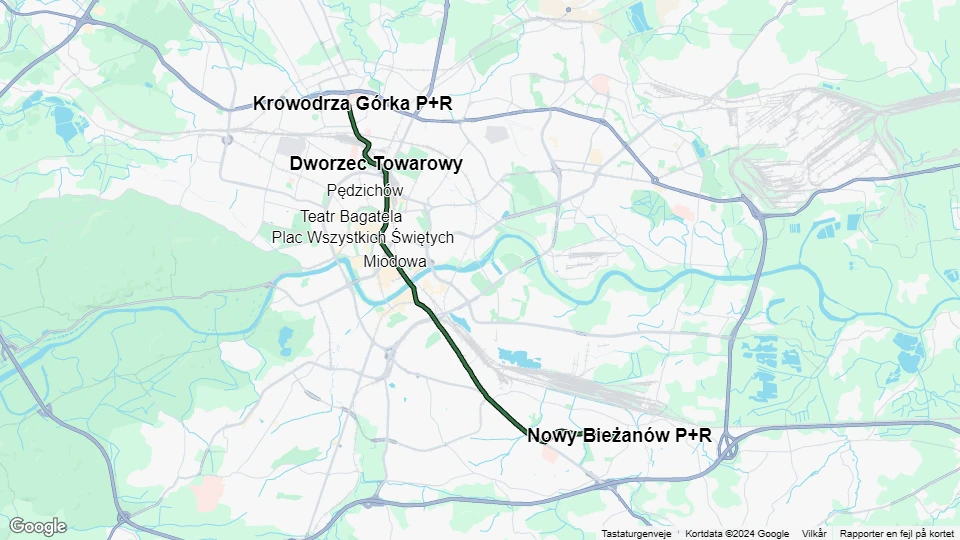 Kraków sporvognslinje 3: Krowodrza Górka P+R - Nowy Bieżanów P+R linjekort