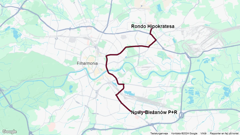 Kraków sporvognslinje 9: Nowy Bieżanów P+R - Rondo Hipokratesa linjekort