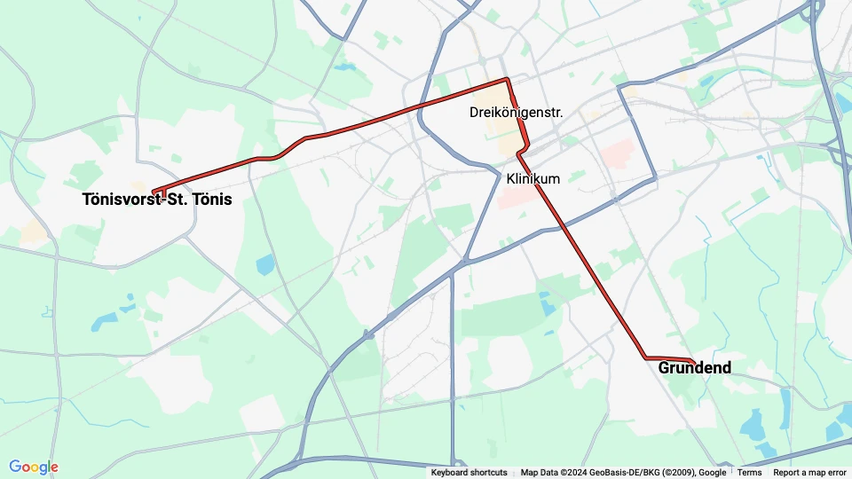 Krefeld sporvognslinje 041: Grundend - Tönisvorst-St. Tönis linjekort