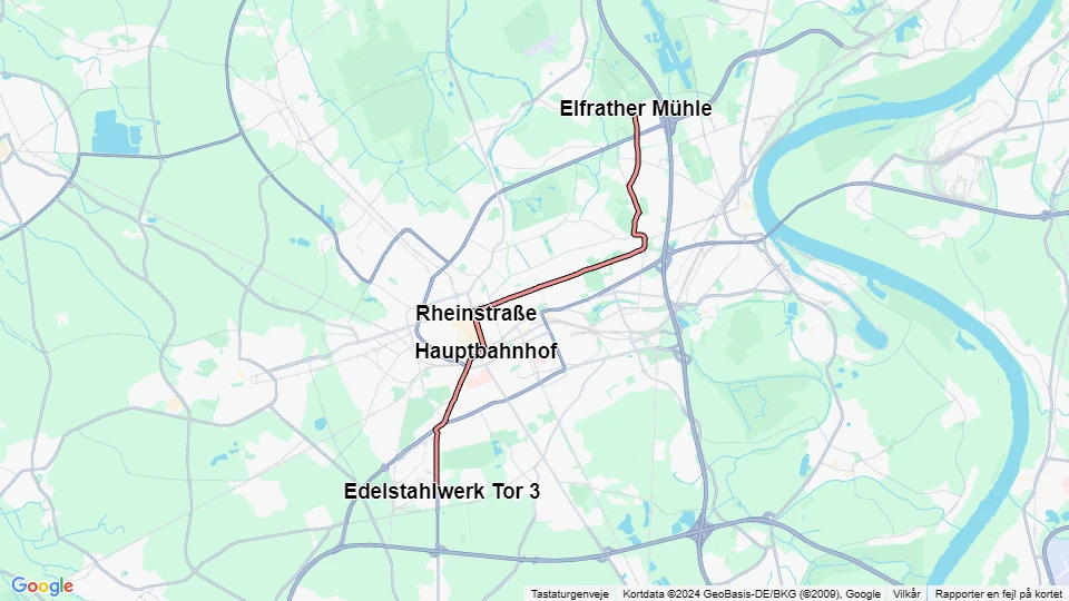 Krefeld sporvognslinje 042: Elfrather Mühle - Edelstahlwerk Tor 3 linjekort