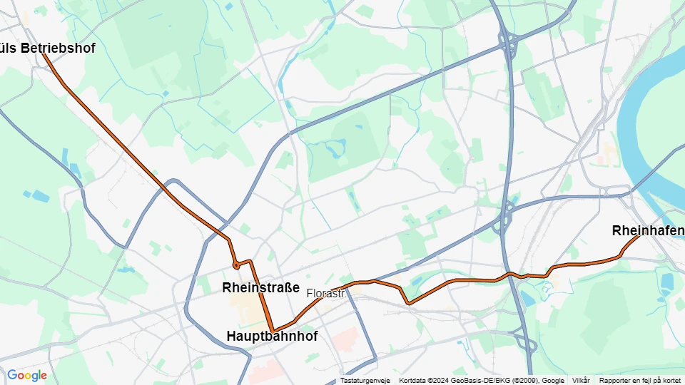 Krefeld sporvognslinje 044: Rheinhafen - Hüls Betriebshof linjekort