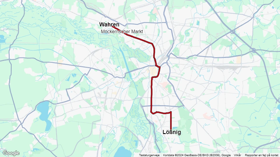 Leipzig sporvognslinje 10: Wahren - Lößnig linjekort