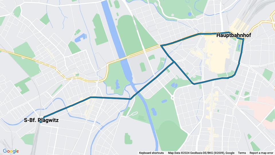 Leipzig sporvognslinje 14: S-Bf. Plagwitz - Hauptbahnhof linjekort