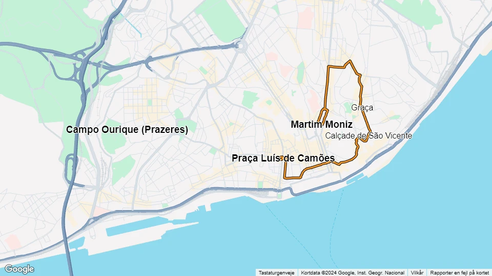 Lissabon sporvognslinje 28E: Praça Luís de Camões - Martim Moniz linjekort