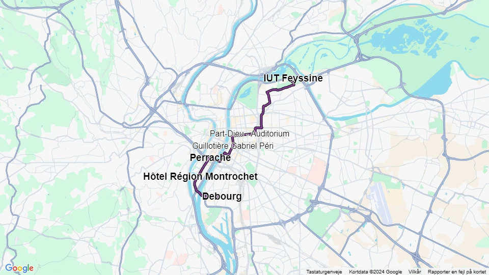 Lyon sporvognslinje T1: Debourg - IUT Feyssine linjekort