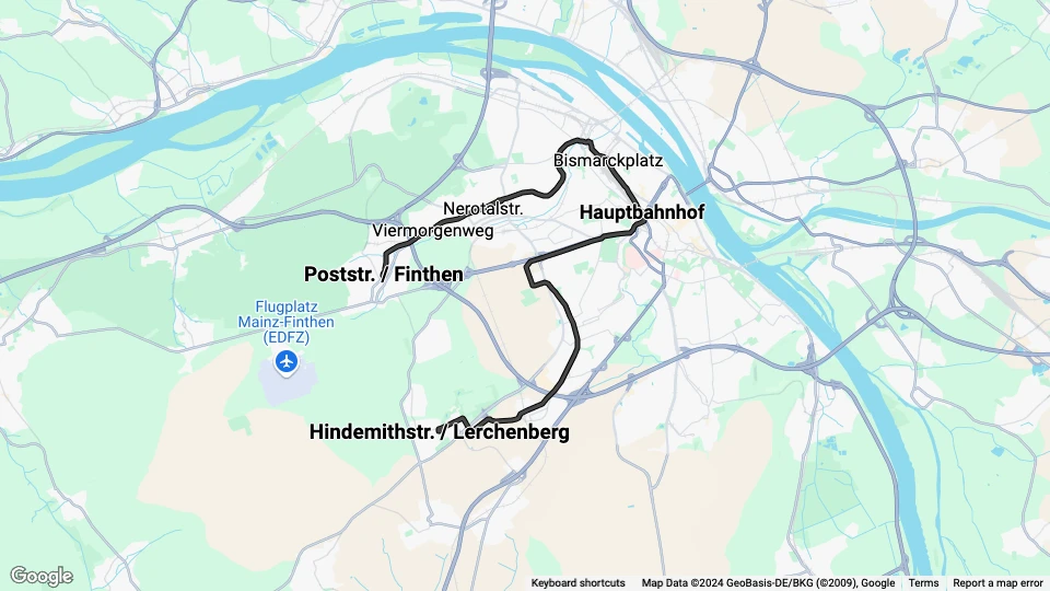 Mainz sporvognslinje 51: Poststr. / Finthen - Hindemithstr. / Lerchenberg linjekort