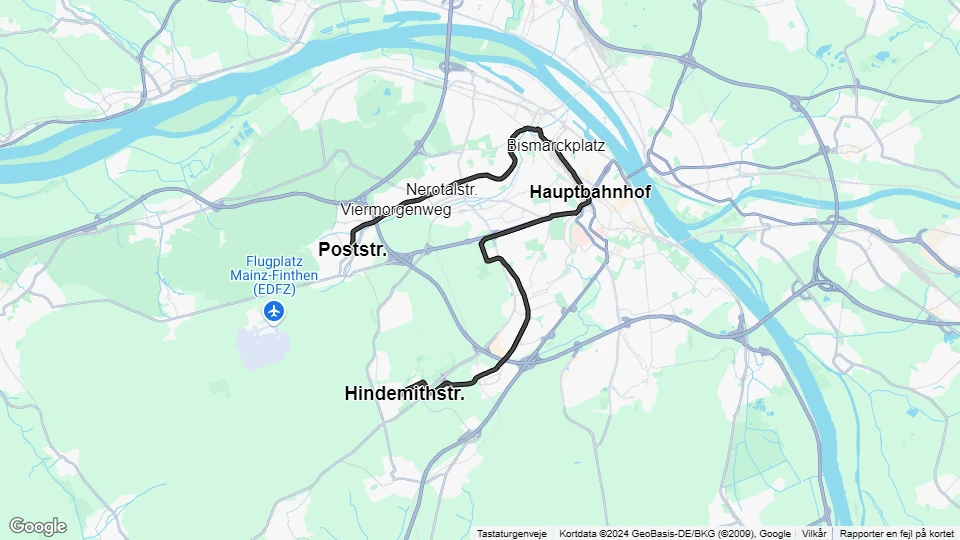 Mainz sporvognslinje 51: Poststr. - Hindemithstr. linjekort