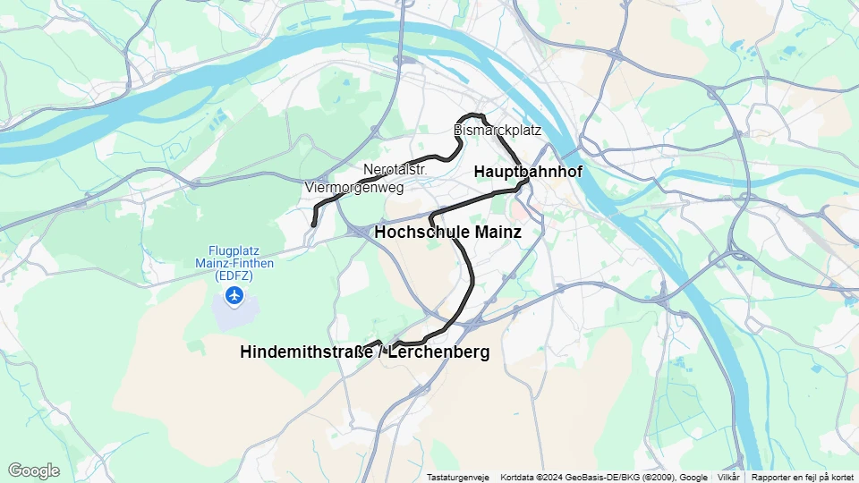 Mainz sporvognslinje 51: Poststraße / Finthen - Hindemithstraße / Lerchenberg linjekort