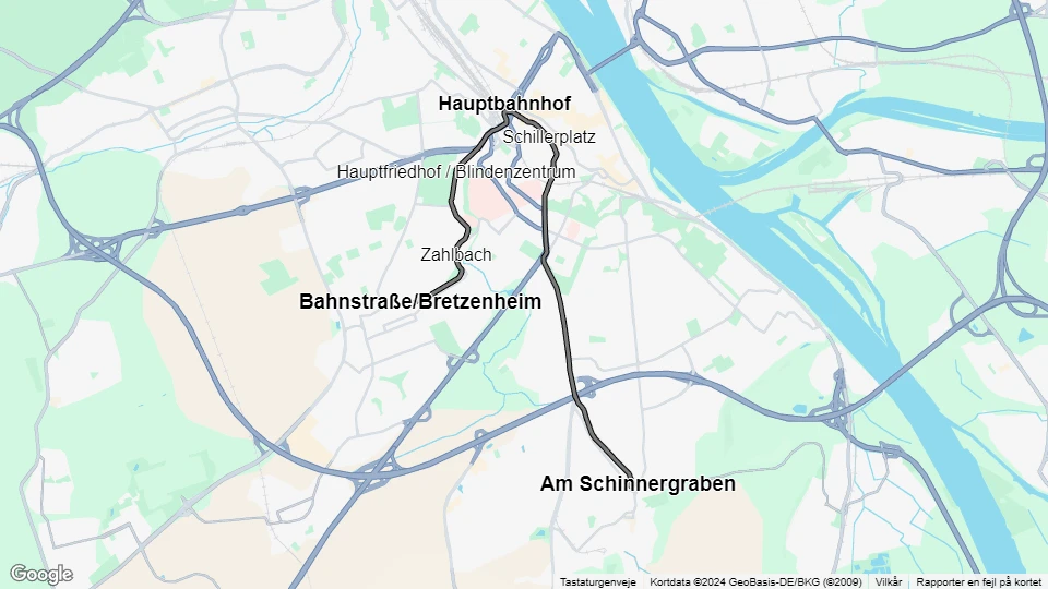 Mainz sporvognslinje 52: Bahnstraße/Bretzenheim - Am Schinnergraben linjekort