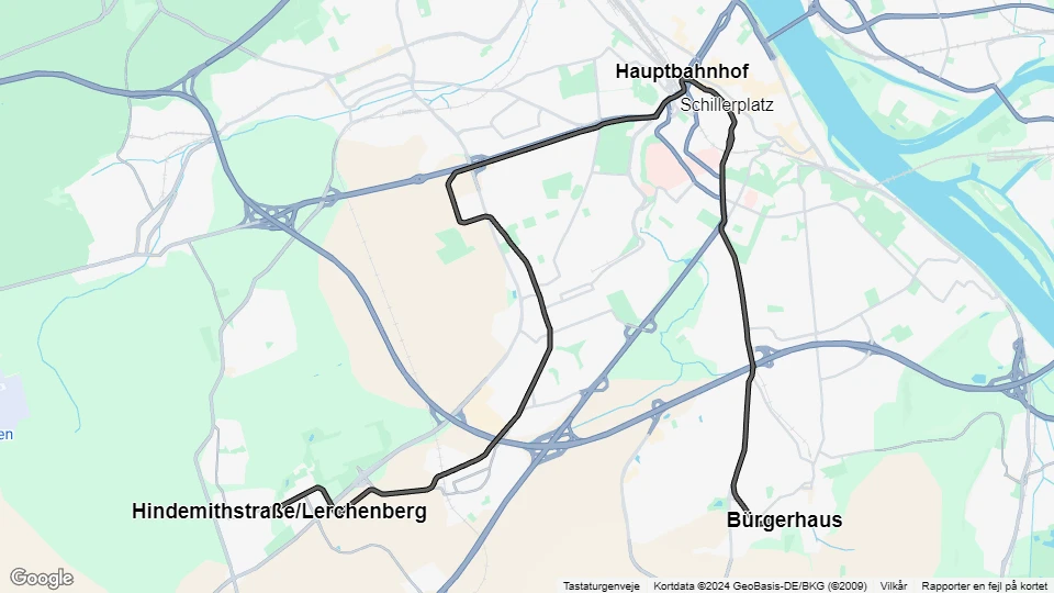 Mainz sporvognslinje 53: Bürgerhaus - Hindemithstraße / Lerchenberg linjekort