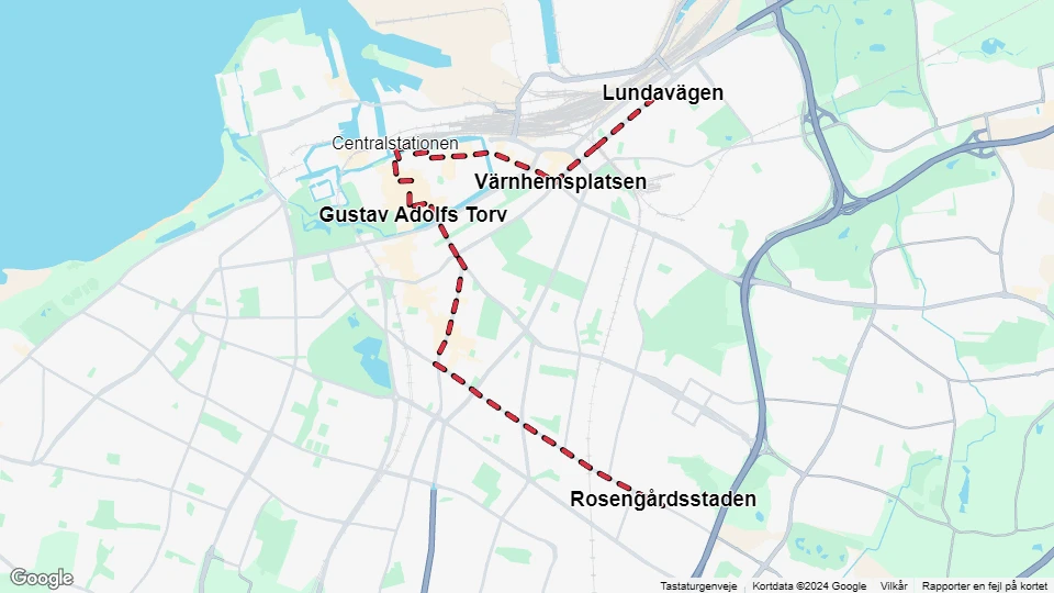Malmø sporvognslinje 1: Lundavägen - Rosengårdsstaden linjekort