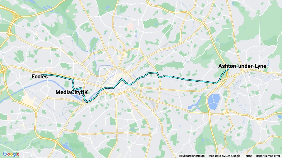 Manchester sporvognslinje Lyseblå: Eccles - Ashton-under-Lyne linjekort