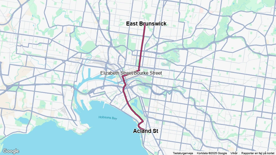 Melbourne sporvognslinje 96): East Brunswick - Acland St linjekort