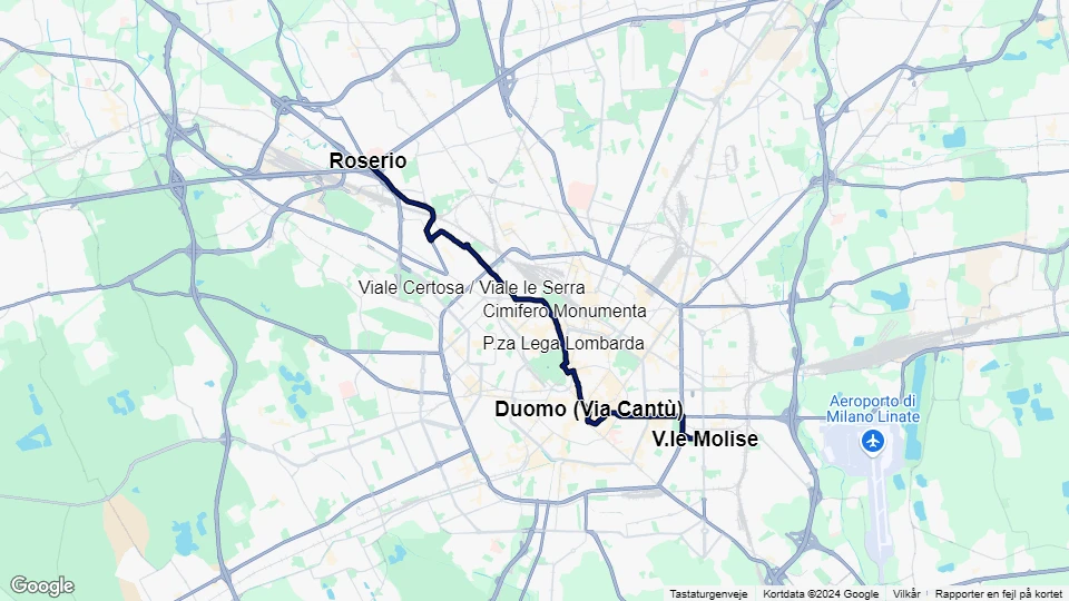 Milano sporvognslinje 12: Roserio - V.le Molise linjekort