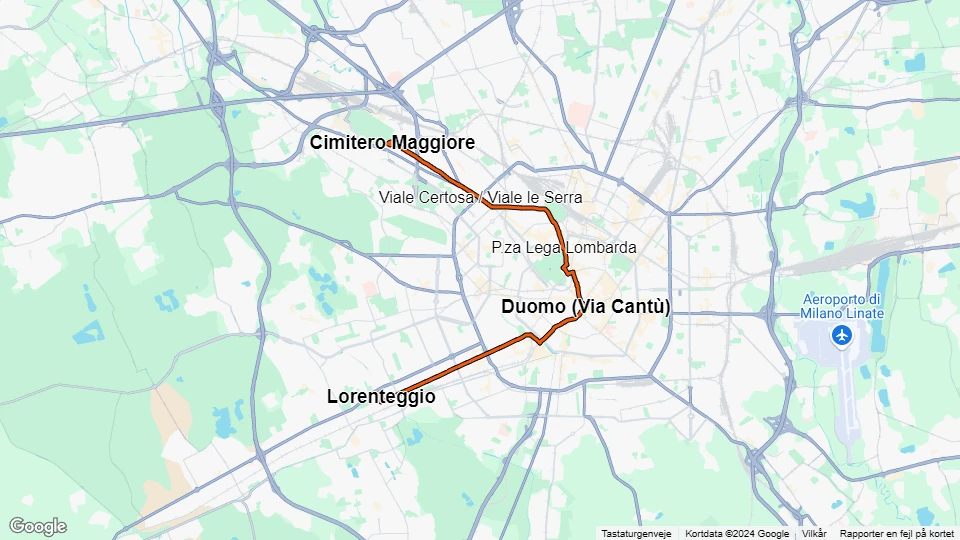 Milano sporvognslinje 14: Cimitero Maggiore - Lorenteggio linjekort