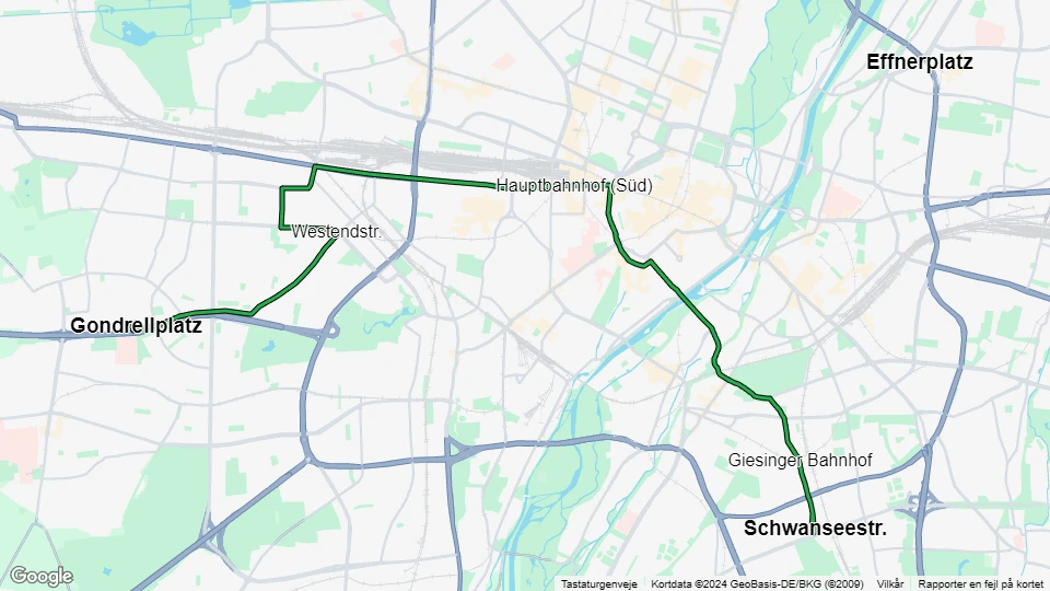 München sporvognslinje 18: Gondrellplatz - Schwanseestr. linjekort