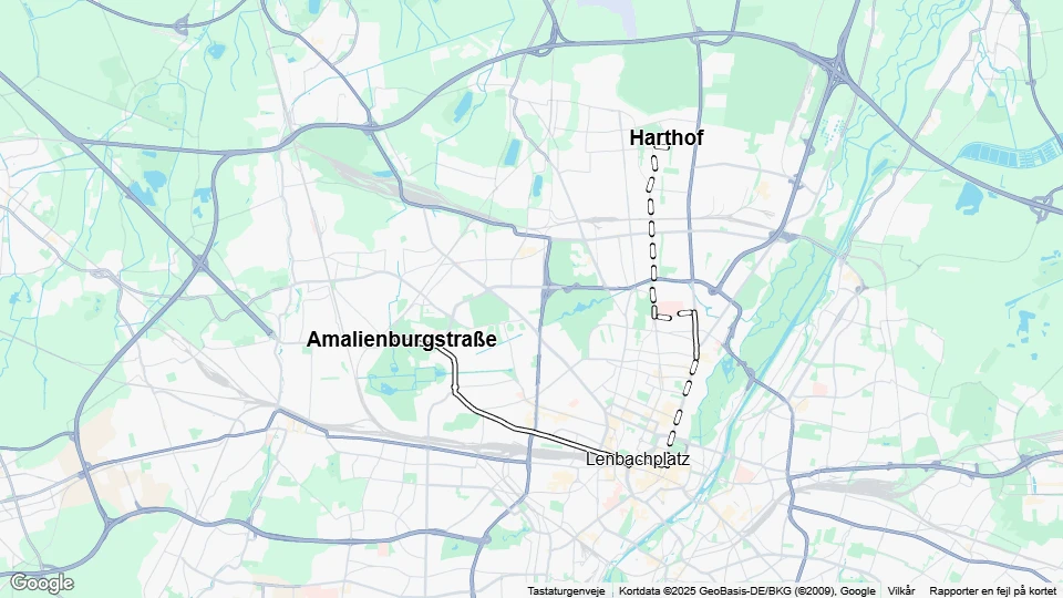 München sporvognslinje 3: Amalienburgstraße - Harthof linjekort