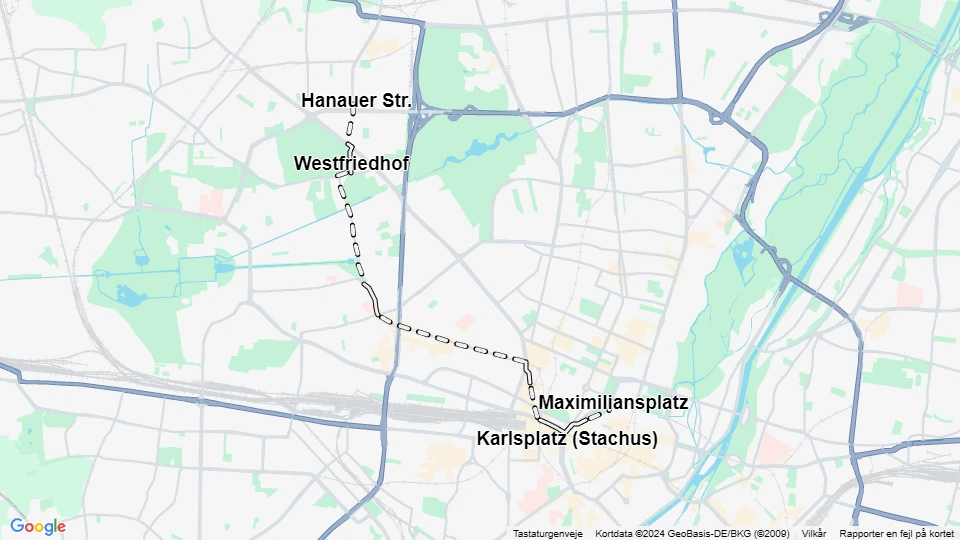 München sporvognslinje 4: Maximiliansplatz - Hanauer Str. linjekort