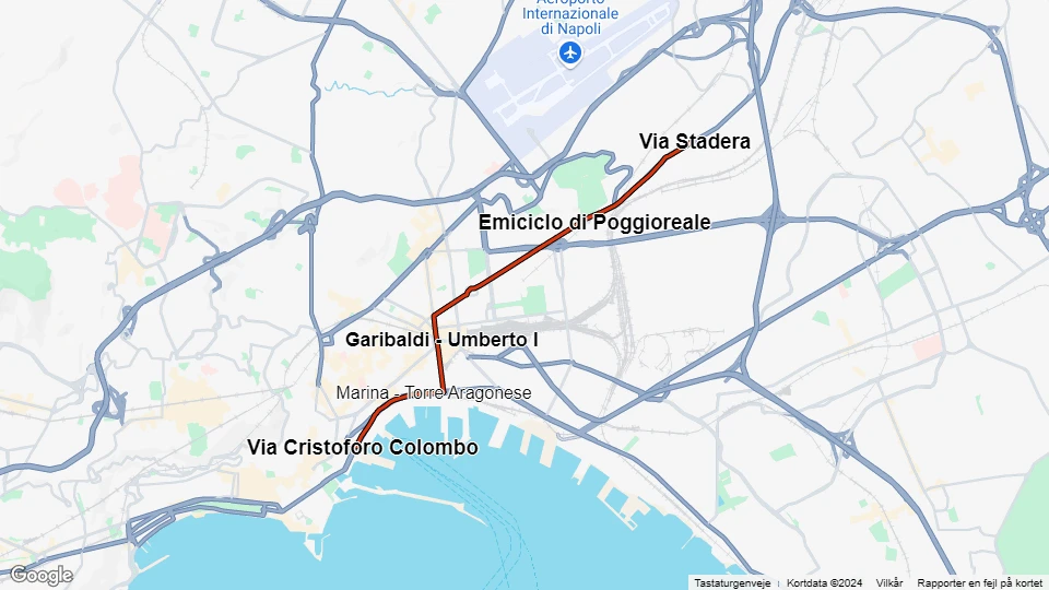 Napoli sporvognslinje 1: Via Cristoforo Colombo - Via Stadera linjekort