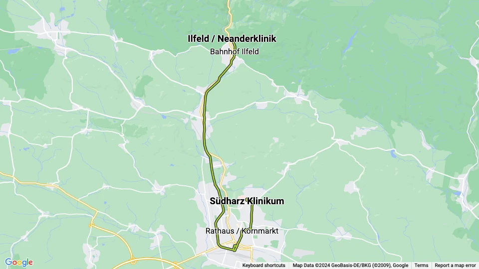 Nordhausen regionallinje 10: Ilfeld Neanderklinik - Südharz Klinikum linjekort