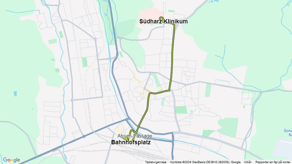 Nordhausen sporvognslinje 1: Südharz Klinikum - Bahnhofsplatz linjekort