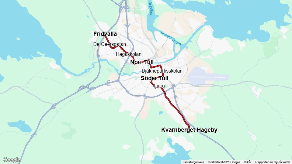 Norrköping sporvognslinje 2: Fridvalla - Kvarnberget Hageby linjekort