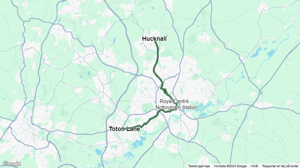 Nottingham sporvognslinje Grøn: Hucknall - Toton Lane linjekort