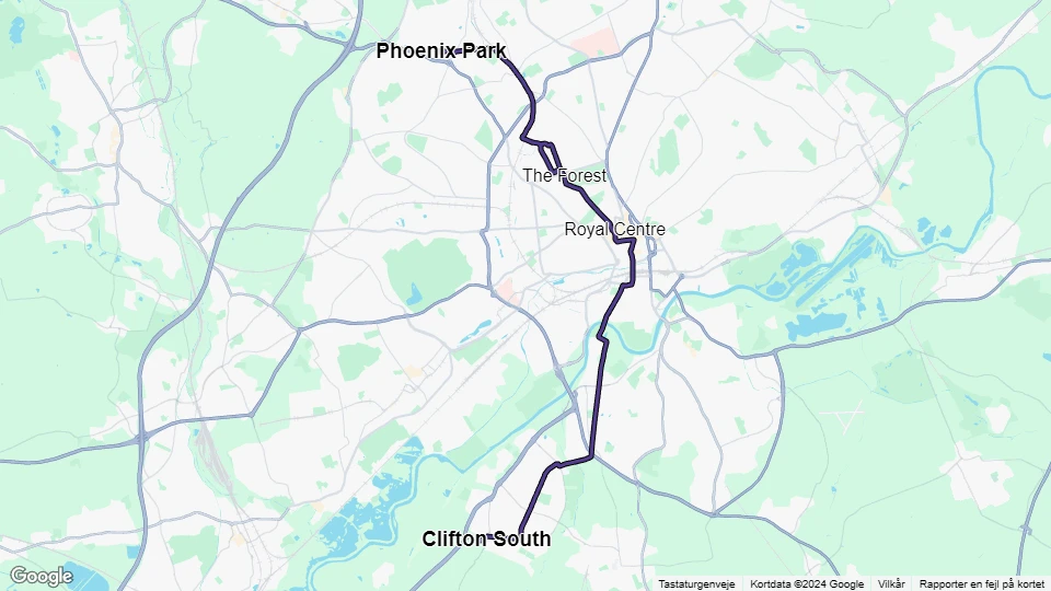 Nottingham sporvognslinje Lilla: Clifton South - Phoenix Park linjekort